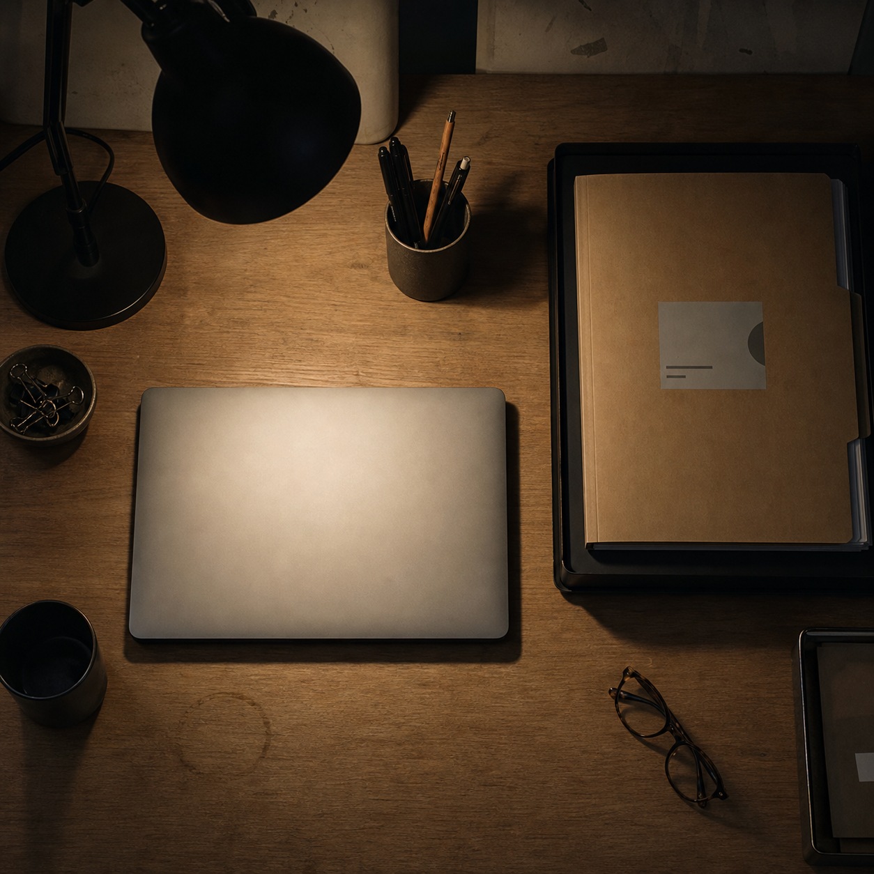 Secure studio wrap-up desk Tidy studio desk at the end of the day with a closed laptop and project folder. | Sky Rye Design Tidy studio desk at the end of the day with a closed laptop and project folder.
