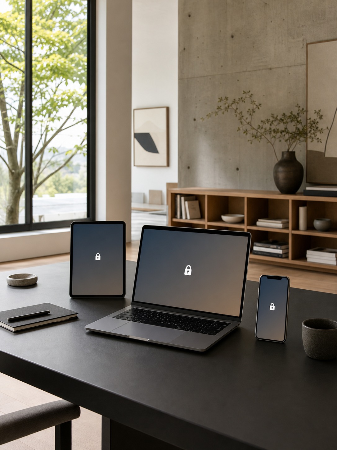 Minimal studio desk with laptop, tablet, and phone showing security confirmation screens.