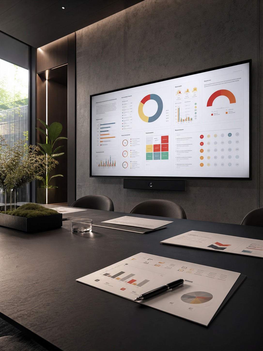 Modern studio meeting table with a screen showing a security audit report summary.
