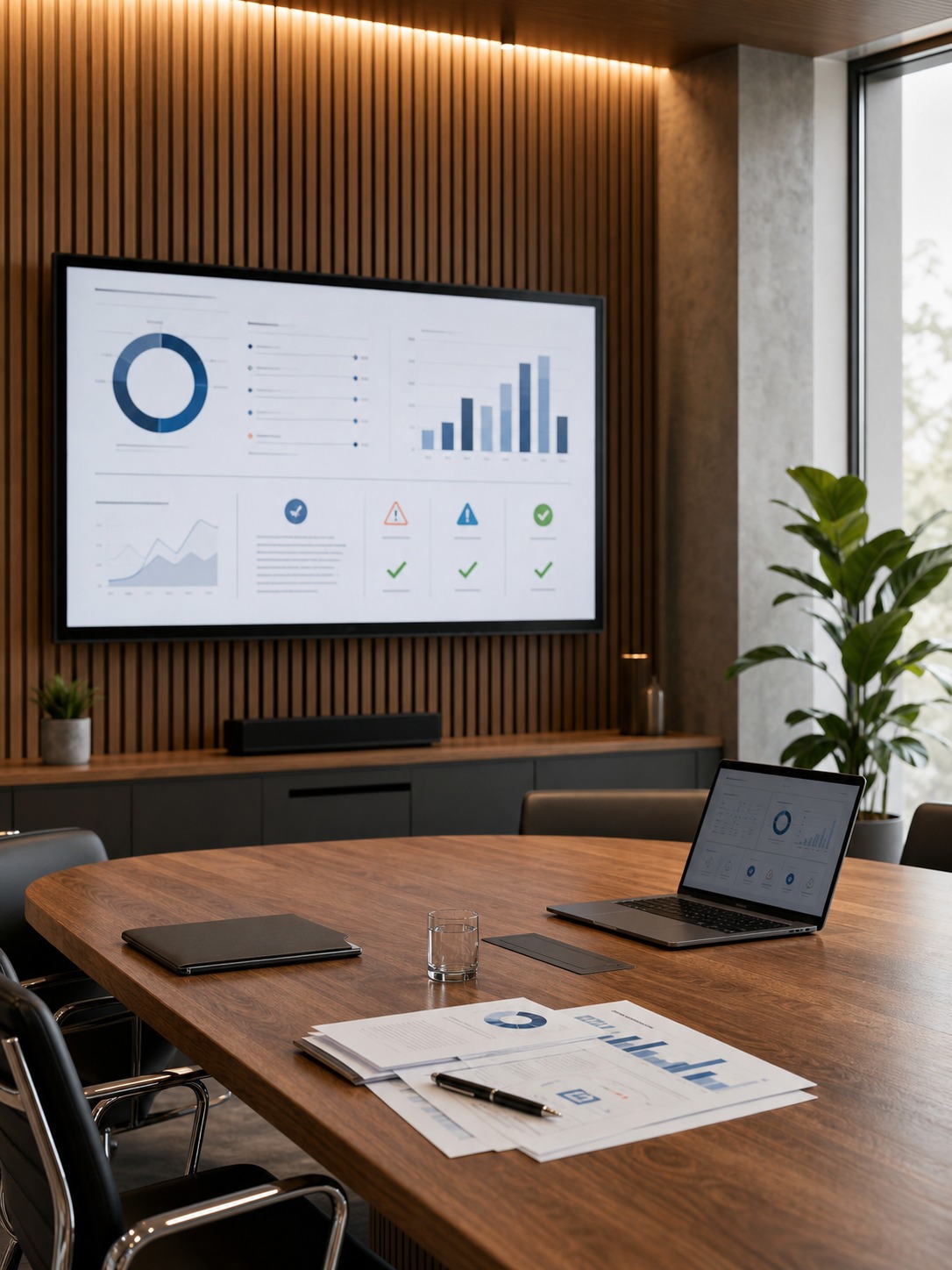 Modern studio meeting table with a security audit summary displayed on a large screen.