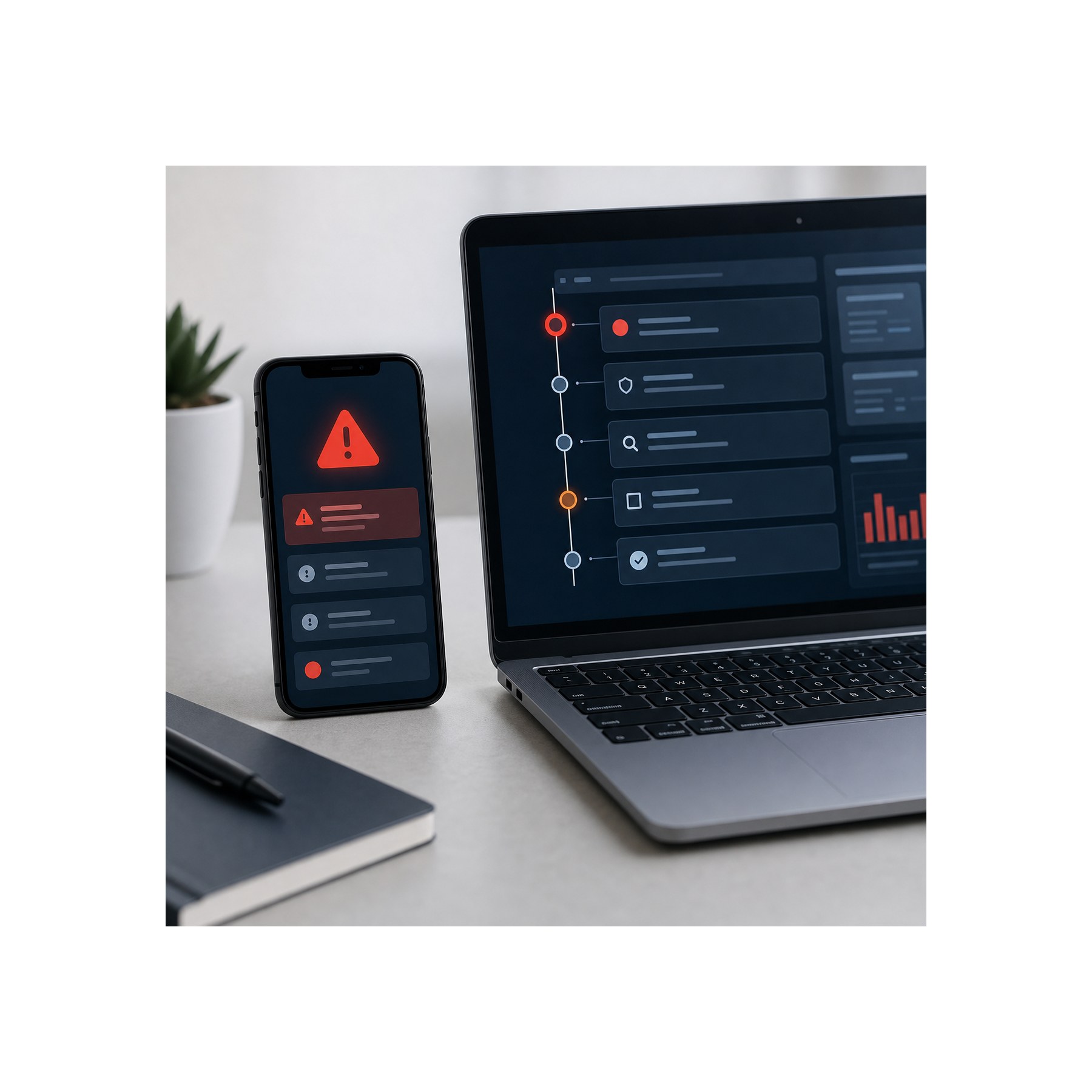 Security incident response timeline Smartphone alert beside a laptop showing a security incident response timeline | Sky Rye Design Smartphone alert beside a laptop showing a security incident response timeline