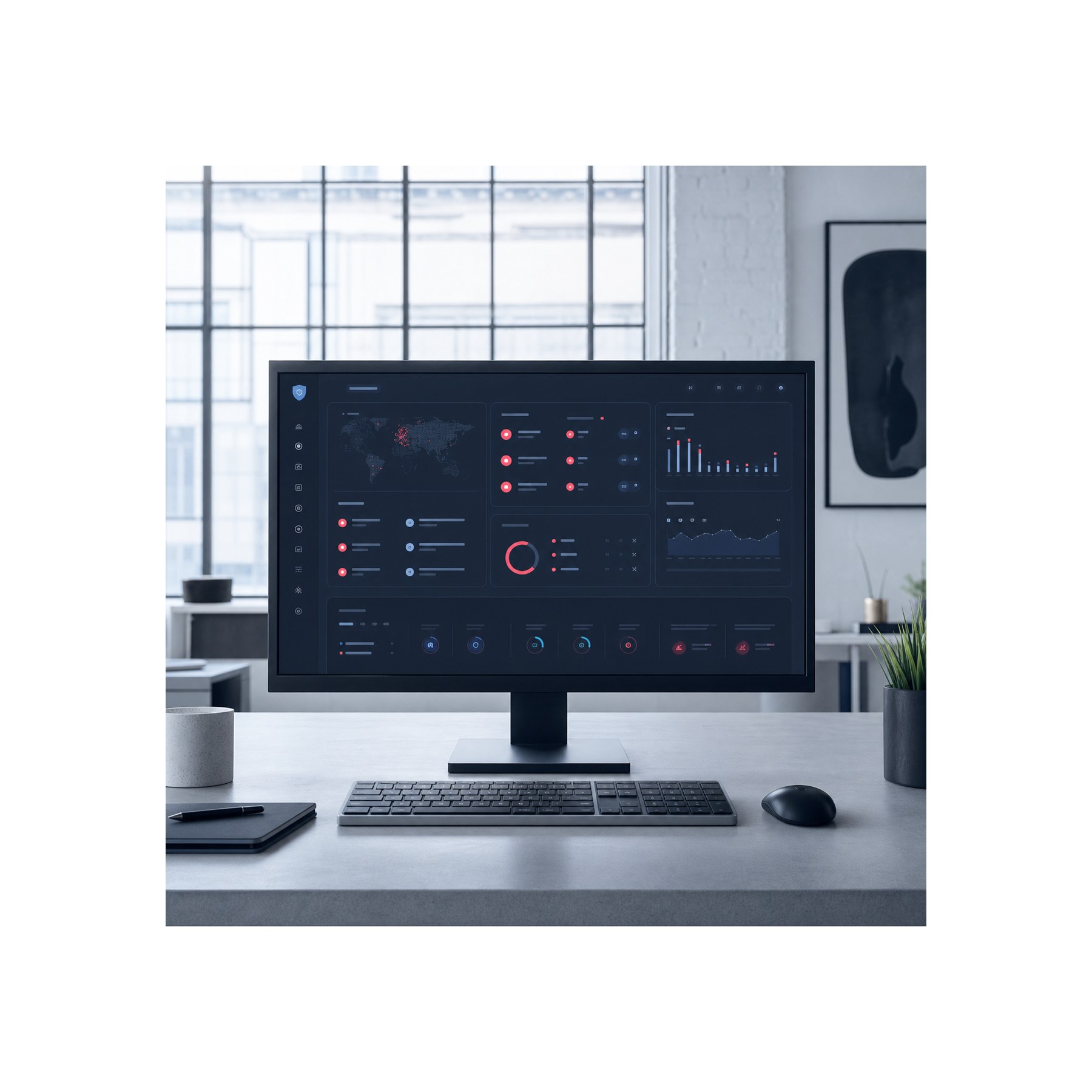 Security monitoring dashboard for a creative agency Modern creative agency workstation with a security monitoring dashboard on the main display | Sky Rye Design Modern creative agency workstation with a security monitoring dashboard on the main display