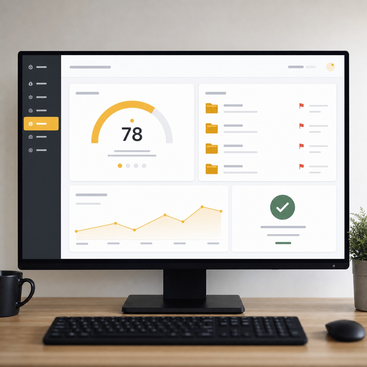 Monitor showing a security score dashboard with flagged folders and review status.