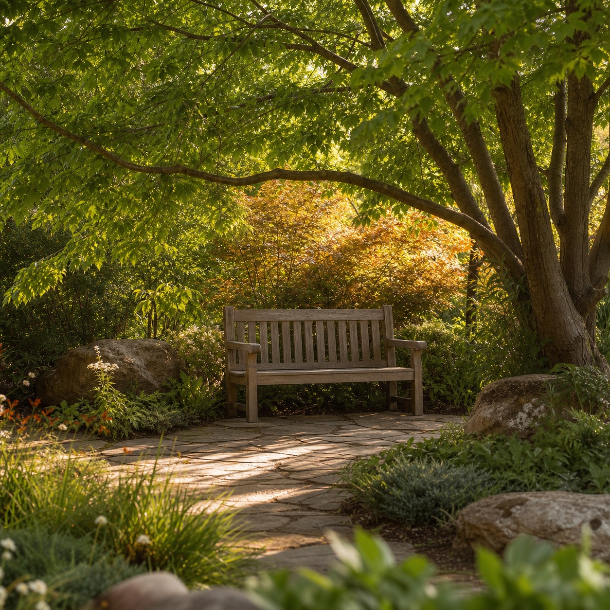 Shaded Park Seating Nook Weathered timber bench beneath mature tree canopy with native underplanting and dappled afternoon light. | Sky Rye Design Weathered timber bench beneath mature tree canopy with native underplanting and dappled afternoon light.