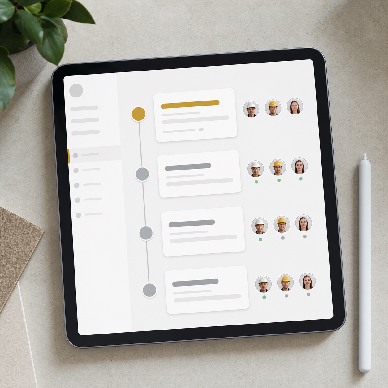 Shared construction project workflow on tablet Tablet showing a shared project timeline for architect, contractor, and client milestones. | Sky Rye Design Tablet showing a shared project timeline for architect, contractor, and client milestones.