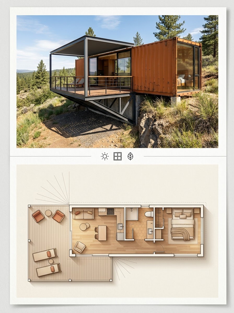 Single 40ft Container Home With a Cantilevered Outdoor Deck Single 40ft Container Home With a Cantilevered Outdoor Deck shown as a two-panel architectural board with exterior render and matching floor plan. | Sky Rye Design Single 40ft Container Home With a Cantilevered Outdoor Deck shown as a two-panel architectural board with exterior render and matching floor plan.
