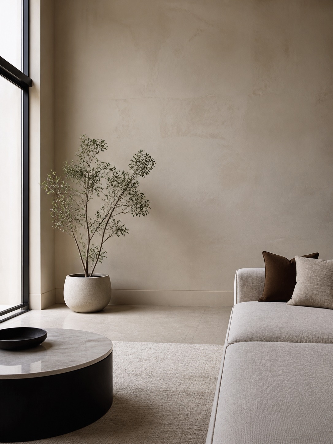 Single plant against quiet plaster wall Single well-placed plant against a quiet plaster wall with generous negative space in a balanced living room. | Sky Rye Design Single well-placed plant against a quiet plaster wall with generous negative space in a balanced living room.