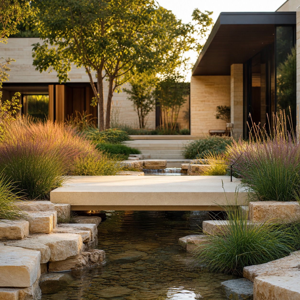 Landscaped Courtyard With Creek Crossing Modern landscaped courtyard with a limestone creek crossing and native grasses at golden hour. | Sky Rye Design Modern landscaped courtyard with a limestone creek crossing and native grasses at golden hour.