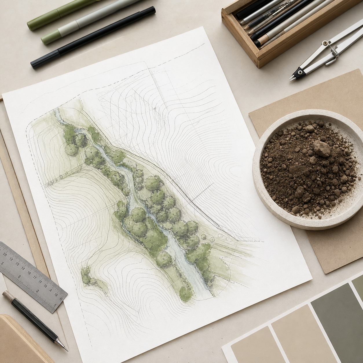 Site Analysis Sketch and Soil Sample Topographic landscape sketch on a studio table beside a soil sample and drafting tools. | Sky Rye Design Topographic landscape sketch on a studio table beside a soil sample and drafting tools.