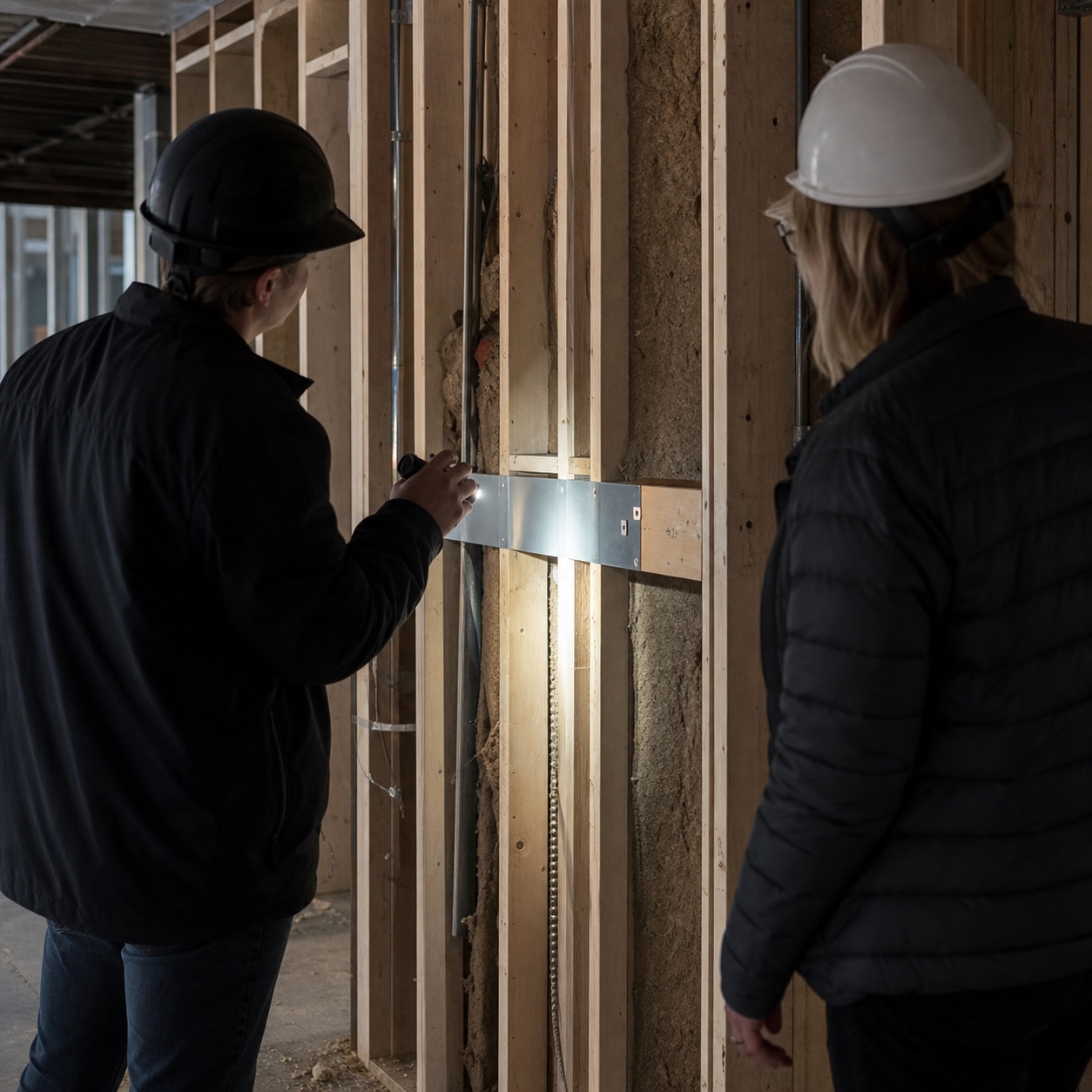 Site inspection before a wall section closes up Inspector and project manager reviewing exposed framing with a flashlight before the wall is closed. | Sky Rye Design Inspector and project manager reviewing exposed framing with a flashlight before the wall is closed.