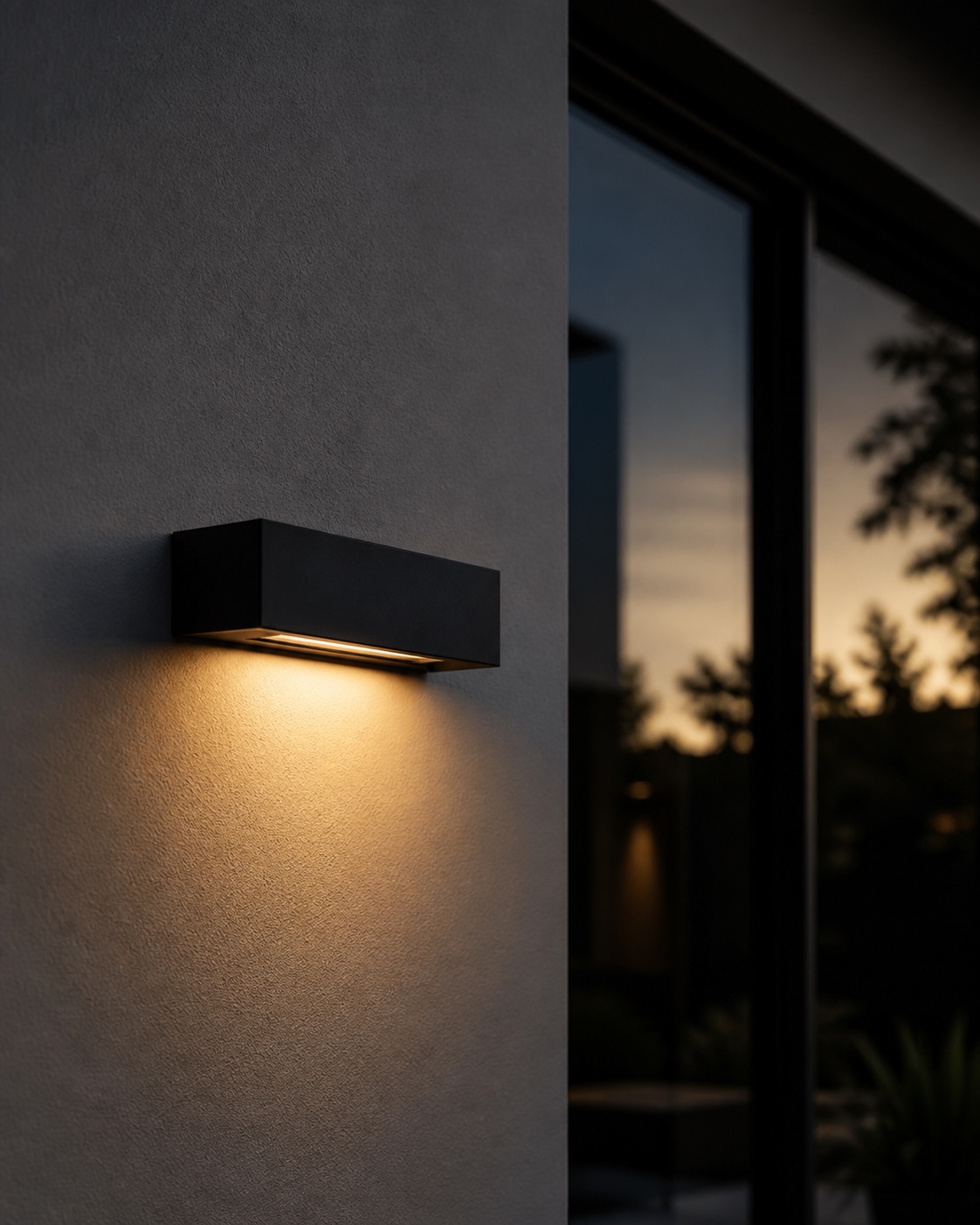 Low-profile modern exterior fixture Sleek matte black low-profile exterior fixture mounted on a smooth modern facade. | Sky Rye Design Sleek matte black low-profile exterior fixture mounted on a smooth modern facade.