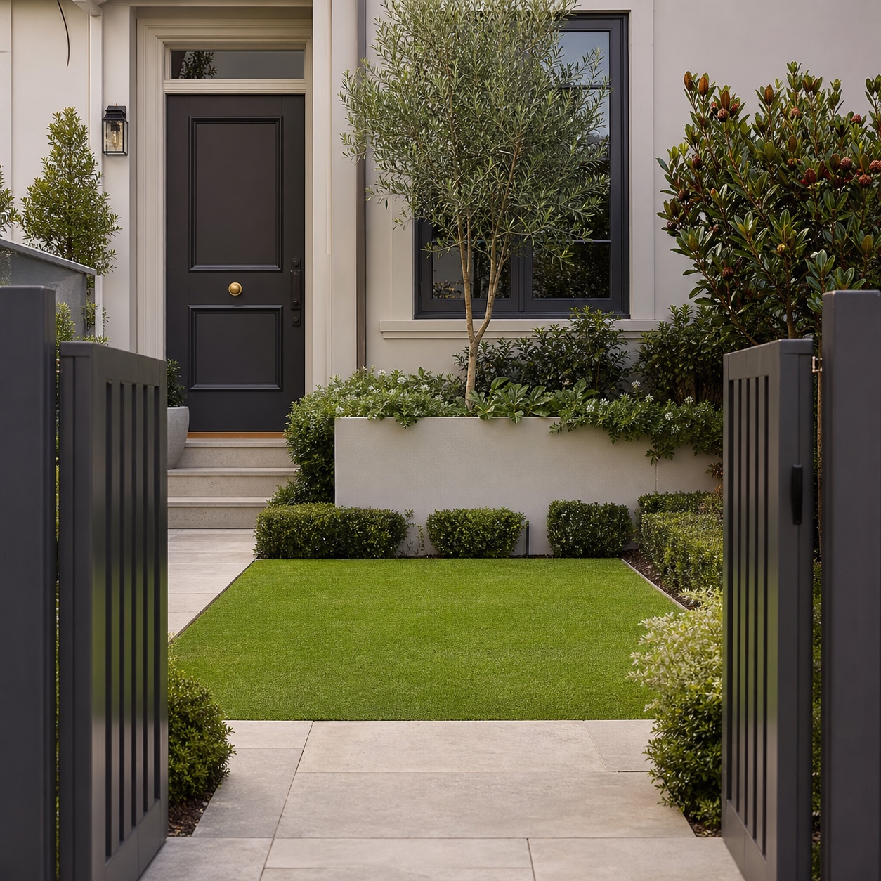 A compact front yard with a small precisely edged lawn panel framed by hardscape.