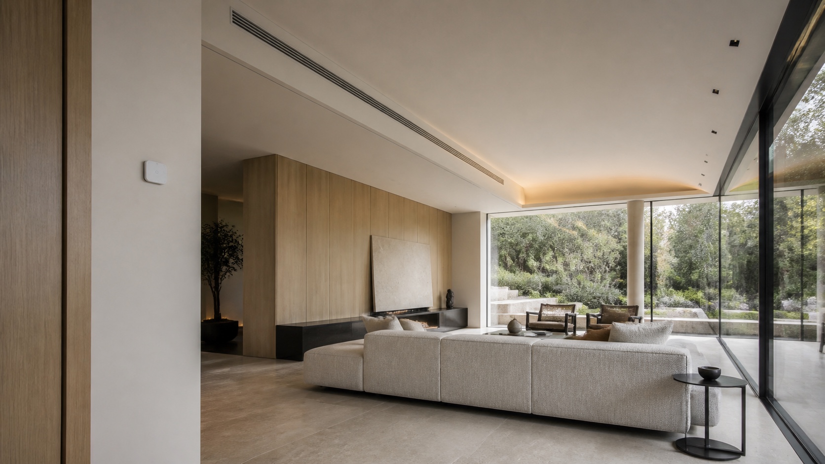 Smart home climate control and indoor air quality living room with concealed ventilation and natural materials