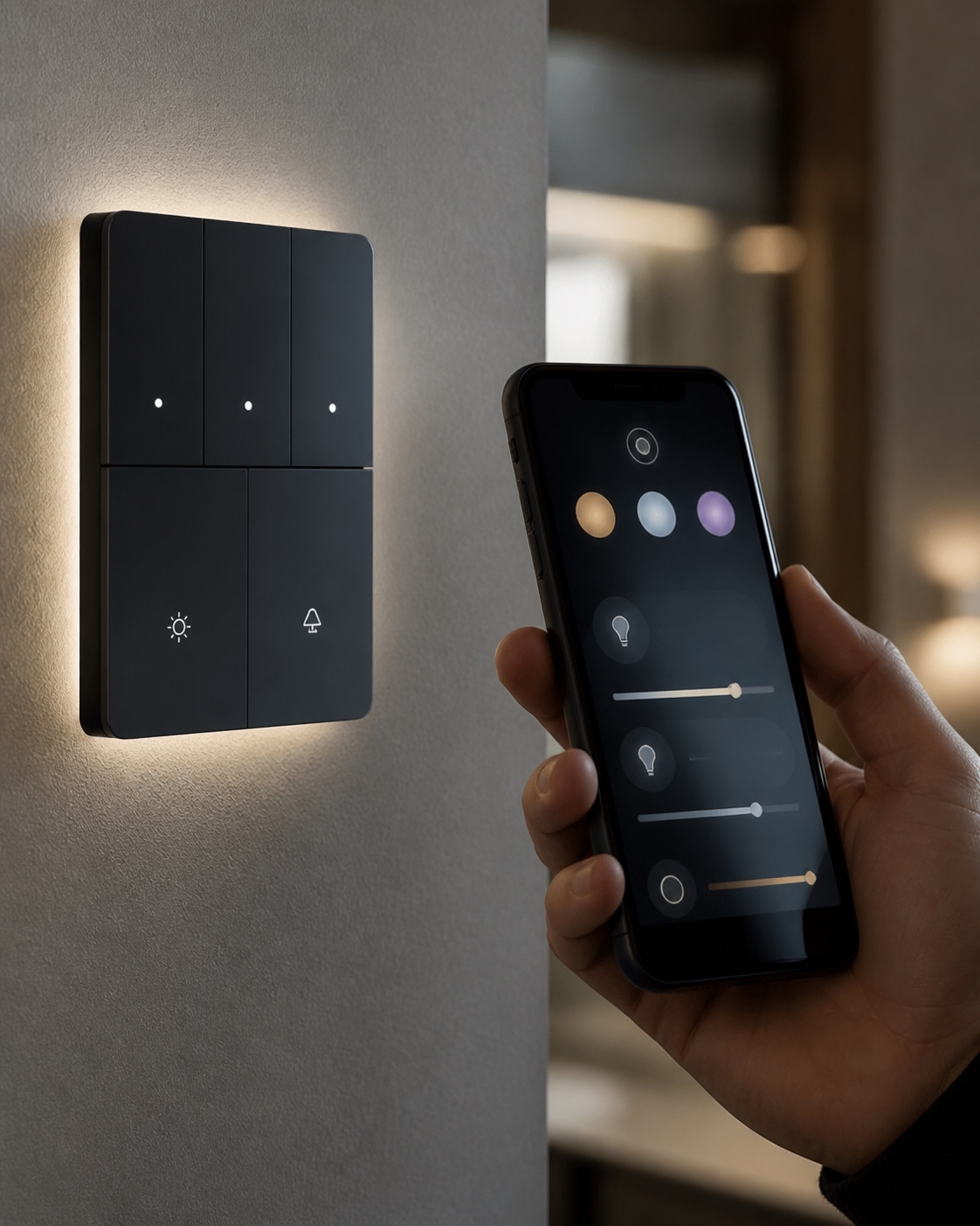 Smart exterior lighting control panel and app Wall-mounted smart lighting control panel beside a phone showing an exterior lighting app interface. | Sky Rye Design Wall-mounted smart lighting control panel beside a phone showing an exterior lighting app interface.