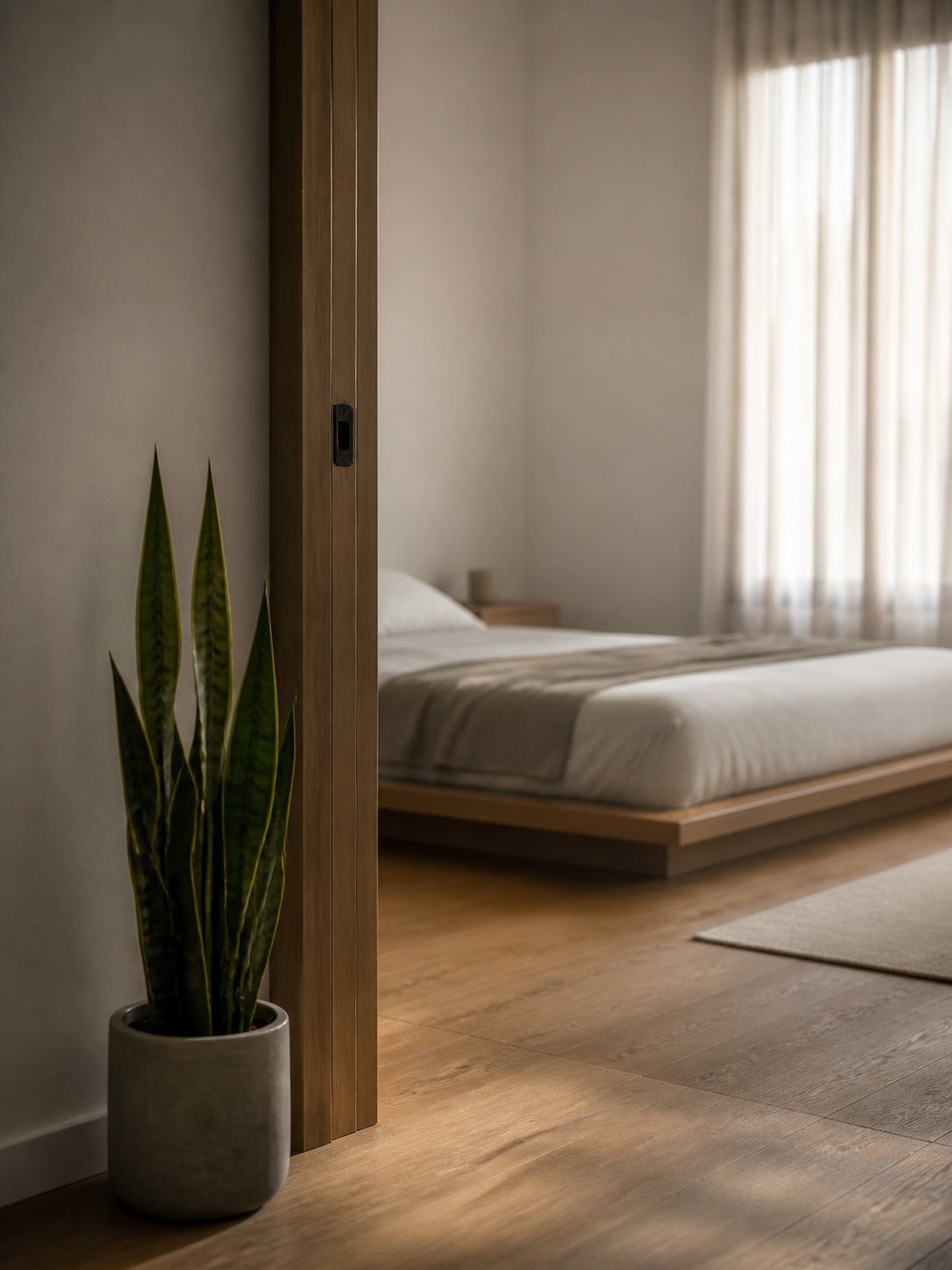 Snake plant near bedroom entry Single snake plant near the entry of a minimalist bedroom with soft morning light and linen curtains. | Sky Rye Design Single snake plant near the entry of a minimalist bedroom with soft morning light and linen curtains.