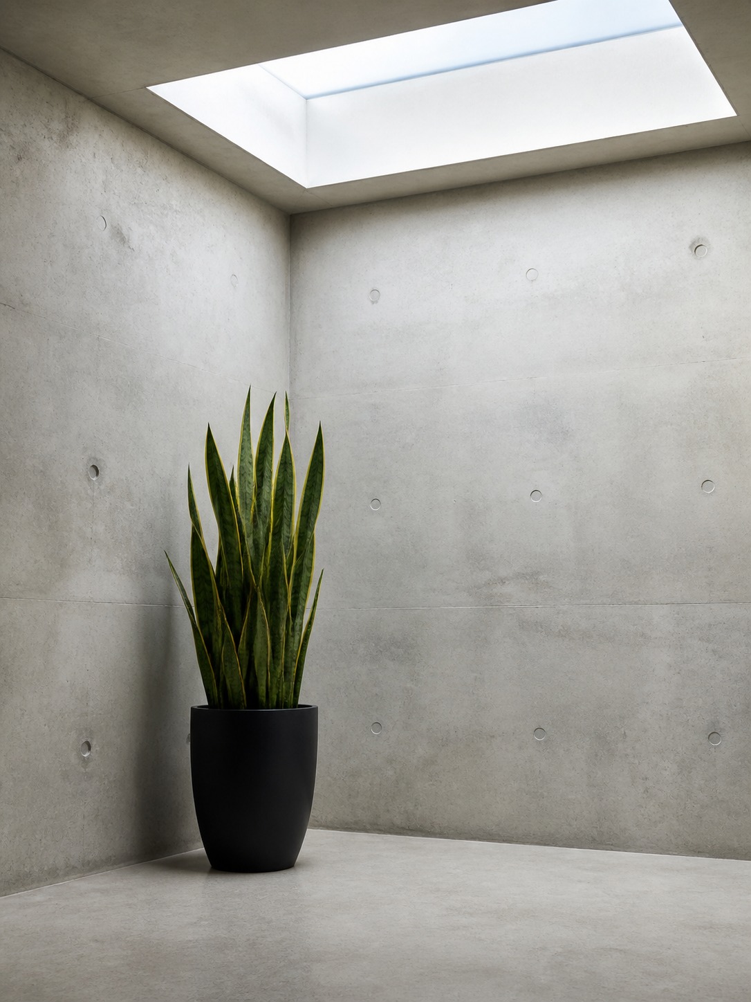Snake plant scaled to an empty corner Tall snake plant in a black ceramic pot placed with generous negative space in a modern living room corner. | Sky Rye Design Tall snake plant in a black ceramic pot placed with generous negative space in a modern living room corner.