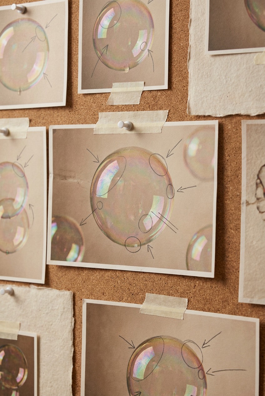 Artist reference board with printed soap bubble photos and abstract pencil marks for highlight placement.
