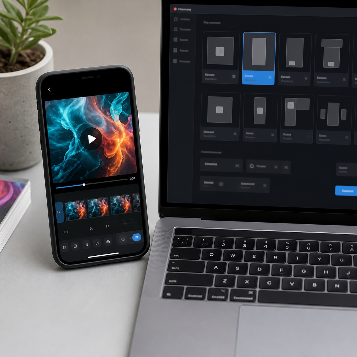 A smartphone and laptop showing a social video export and aspect ratio controls.