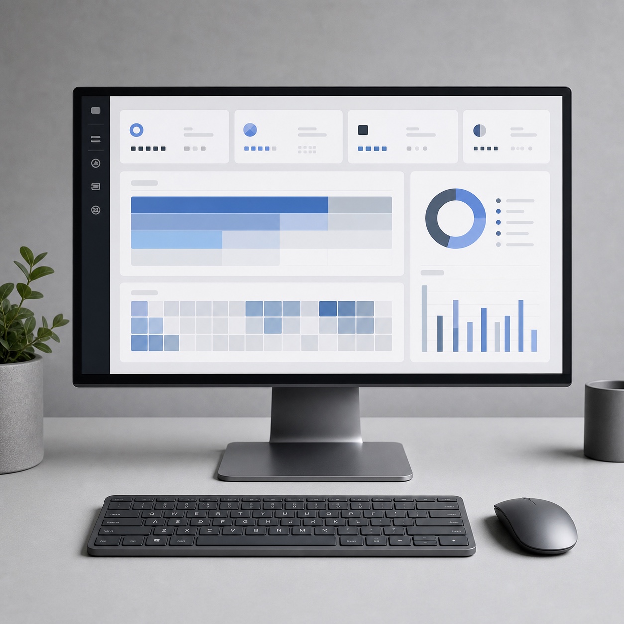 Software license management dashboard A clean desk setup with a monitor showing a software license management dashboard. | Sky Rye Design A clean desk setup with a monitor showing a software license management dashboard.