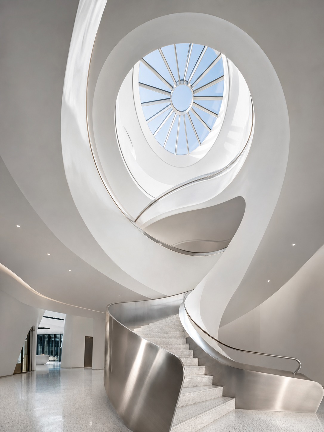 A bright space-age atrium with a sculptural spiral stair and a circular skylight oculus.