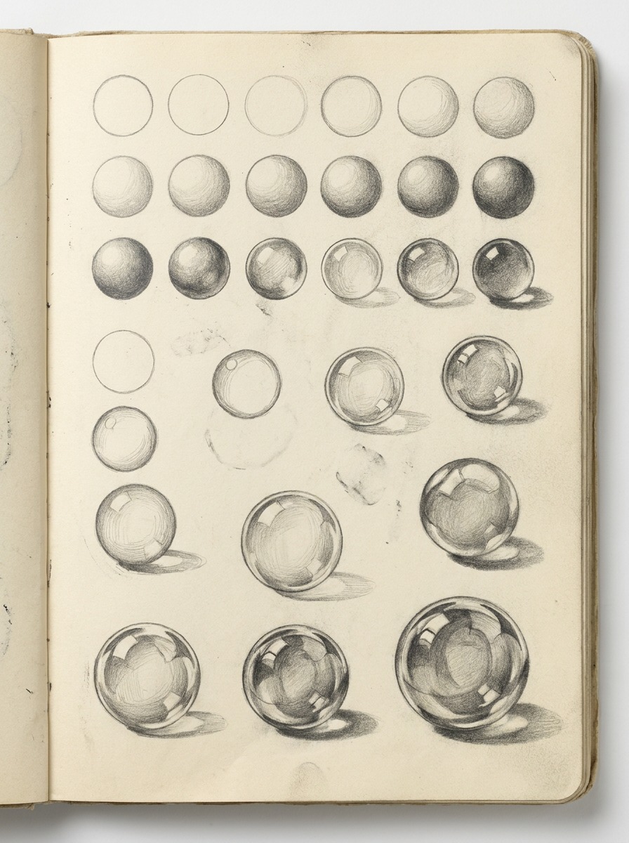 Sketchbook page filled with graphite sphere studies progressing from a flat circle to a rendered bubble.