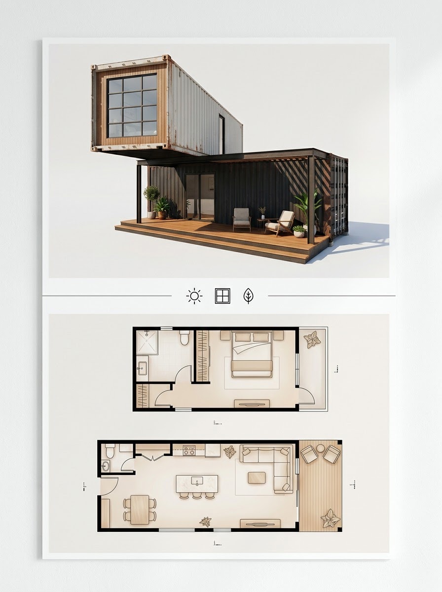 Stacked Two-Story Container Home With an Offset Upper Module Stacked Two-Story Container Home With an Offset Upper Module shown as a two-panel architectural board with exterior render and matching floor plan. | Sky Rye Design Stacked Two-Story Container Home With an Offset Upper Module shown as a two-panel architectural board with exterior render and matching floor plan.