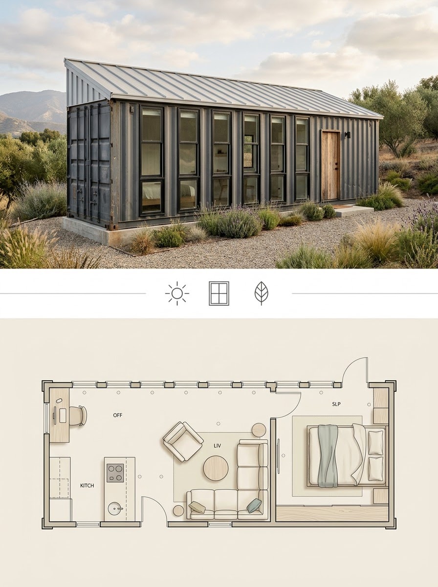 Stacked-Window Single-Container Studio or Guesthouse Stacked-Window Single-Container Studio or Guesthouse shown as a two-panel architectural board with exterior render and matching floor plan. | Sky Rye Design Stacked-Window Single-Container Studio or Guesthouse shown as a two-panel architectural board with exterior render and matching floor plan.