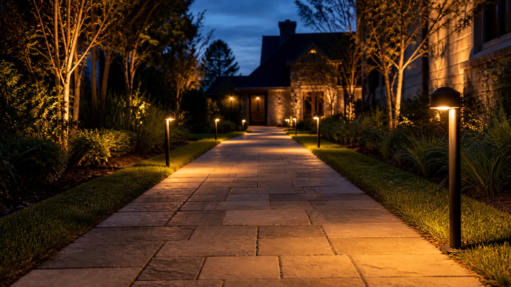 Staggered path lights along a garden walkway Warm path lights staggered along a garden walkway leading toward a softly lit front entry. | Sky Rye Design Warm path lights staggered along a garden walkway leading toward a softly lit front entry.