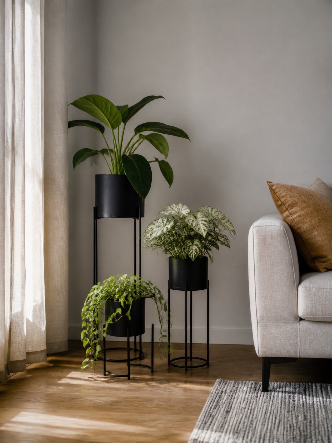 Staggered plant grouping with negative space Three houseplants arranged at uneven heights on black stands with varied gaps in a living room corner. | Sky Rye Design Three houseplants arranged at uneven heights on black stands with varied gaps in a living room corner.