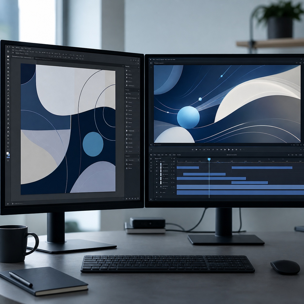 Two monitors comparing a static illustration source file with a generated motion clip.