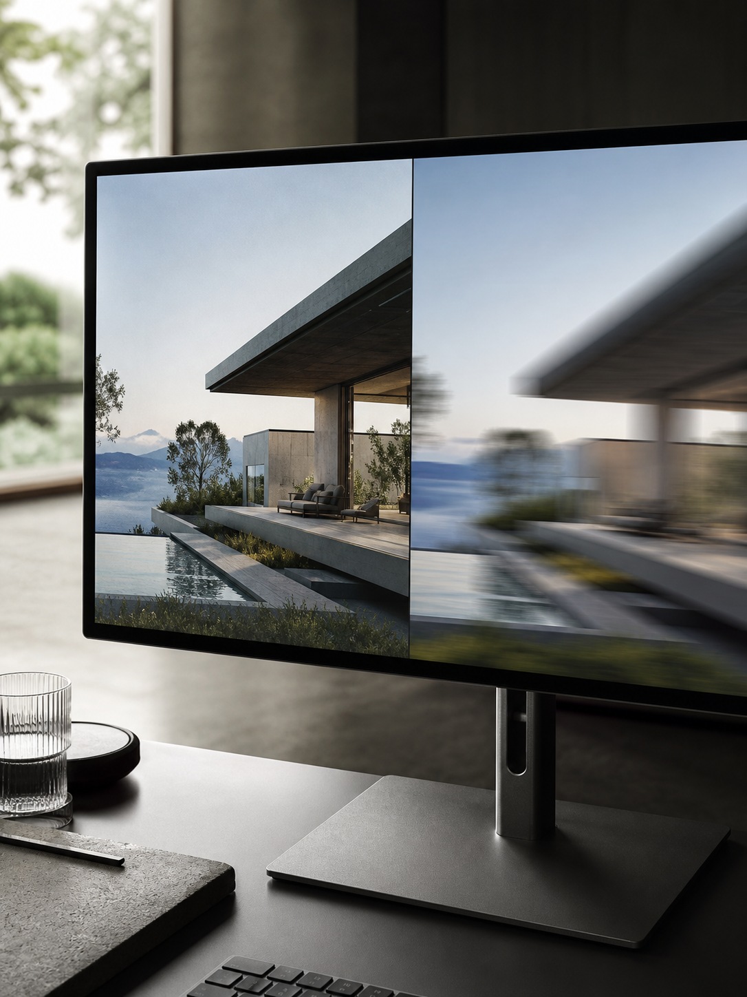 Static render and animated frame comparison on a design monitor A design monitor comparing a static concept render with an animated frame of the same interior scene. | Sky Rye Design A design monitor comparing a static concept render with an animated frame of the same interior scene.