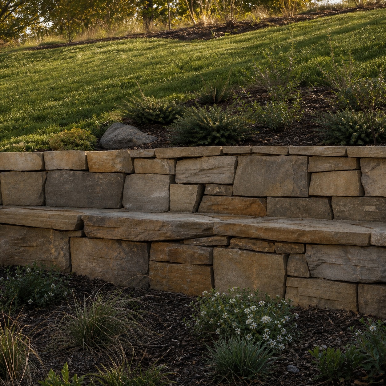 Stone Seating Wall on Sloped Landscape Dry-stacked stone seating wall integrated into a graded slope with planting beds. | Sky Rye Design Dry-stacked stone seating wall integrated into a graded slope with planting beds.