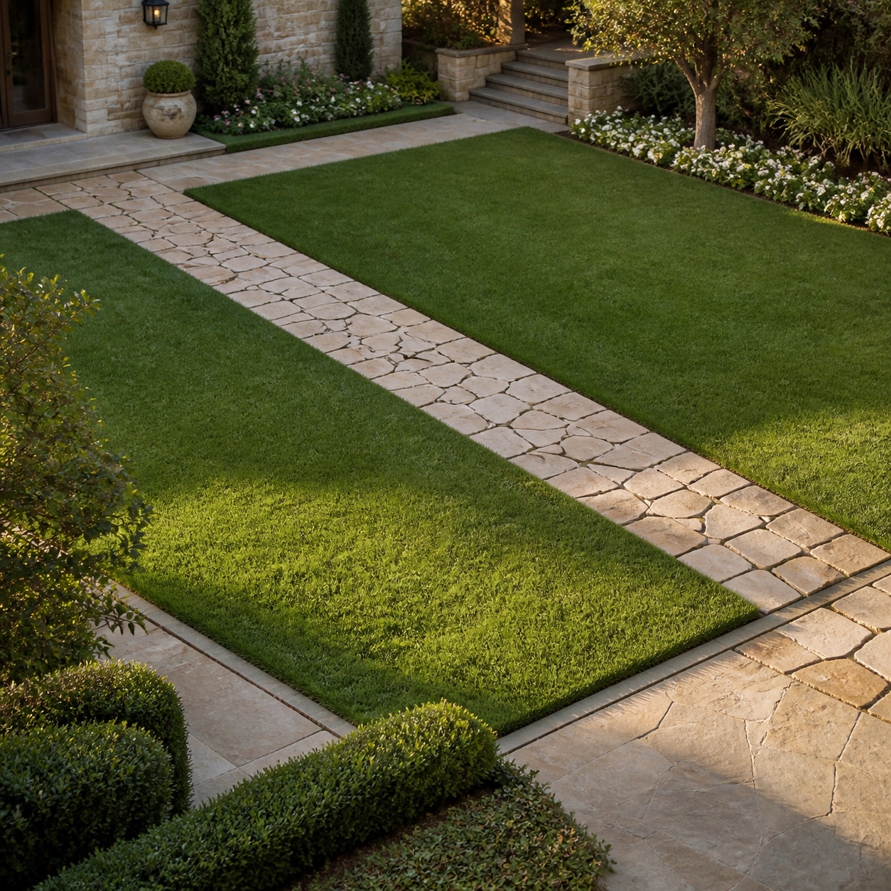 A stone walkway crossing a rectangular lawn panel at a deliberate angle.