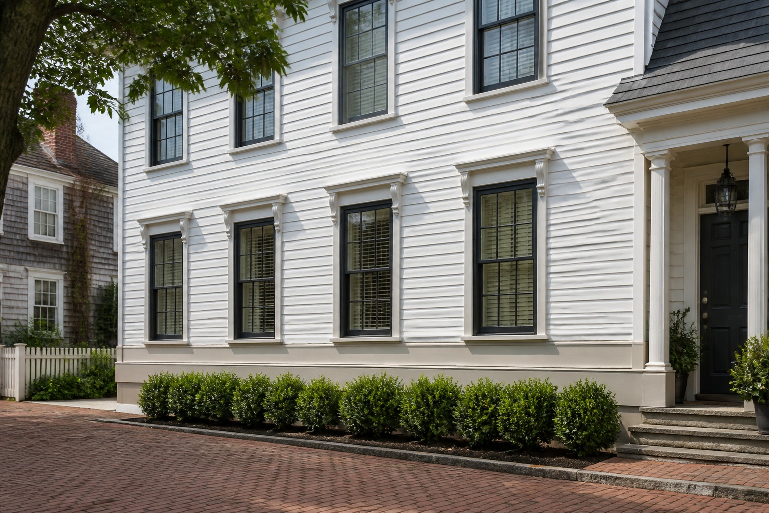 Street-view window trim facade rhythm Street-level facade showing consistent window trim rhythm across several openings. | Sky Rye Design Street-level facade showing consistent window trim rhythm across several openings.