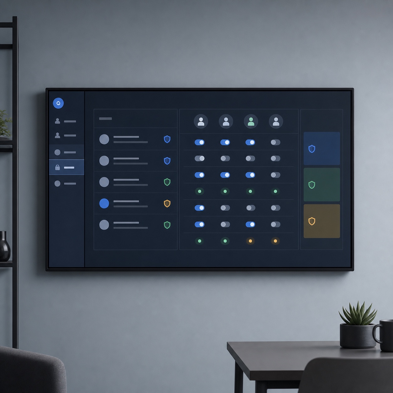 A studio display showing permissions and access-control settings for creative files.