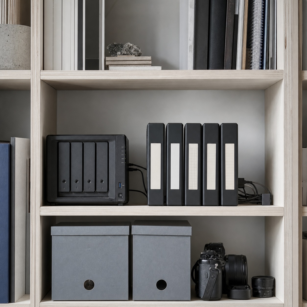 Studio archive backup storage External drives and a small NAS unit arranged neatly on a studio archive shelf. | Sky Rye Design External drives and a small NAS unit arranged neatly on a studio archive shelf.