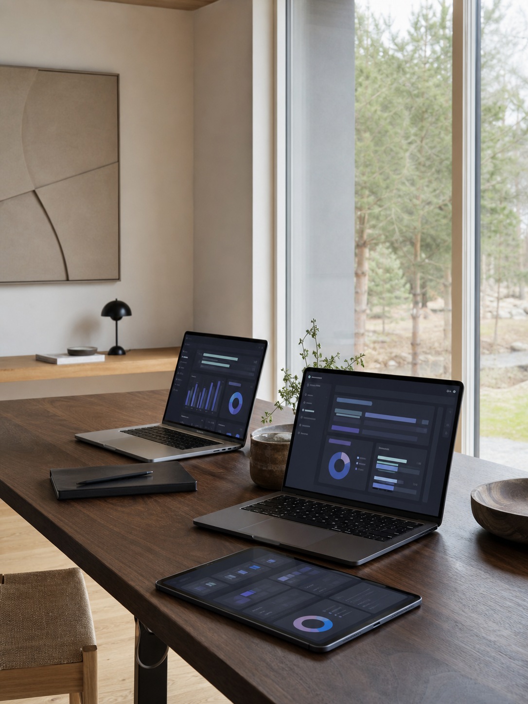 Device setup and software license management desk Minimal studio desk with laptops and a software license management dashboard. | Sky Rye Design Minimal studio desk with laptops and a software license management dashboard.