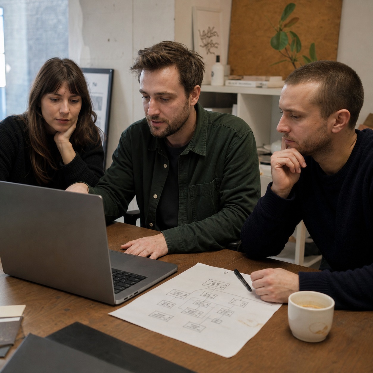 Studio workflow meeting Small design team reviewing a sketched project folder structure beside a laptop. | Sky Rye Design Small design team reviewing a sketched project folder structure beside a laptop.