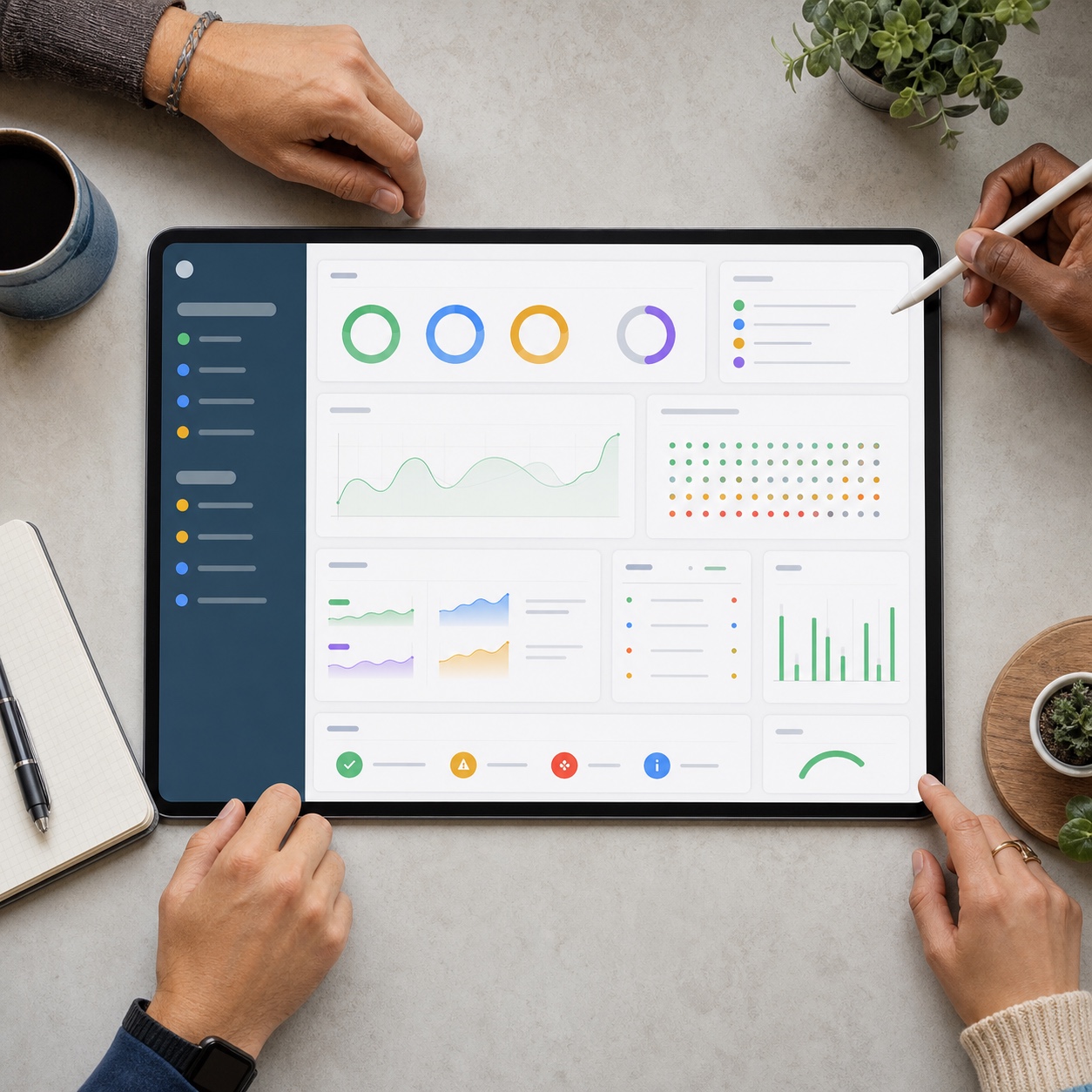 Studio uptime and SLA reporting tablet A large tablet showing uptime and support response metrics for a distributed design team. | Sky Rye Design A large tablet showing uptime and support response metrics for a distributed design team.
