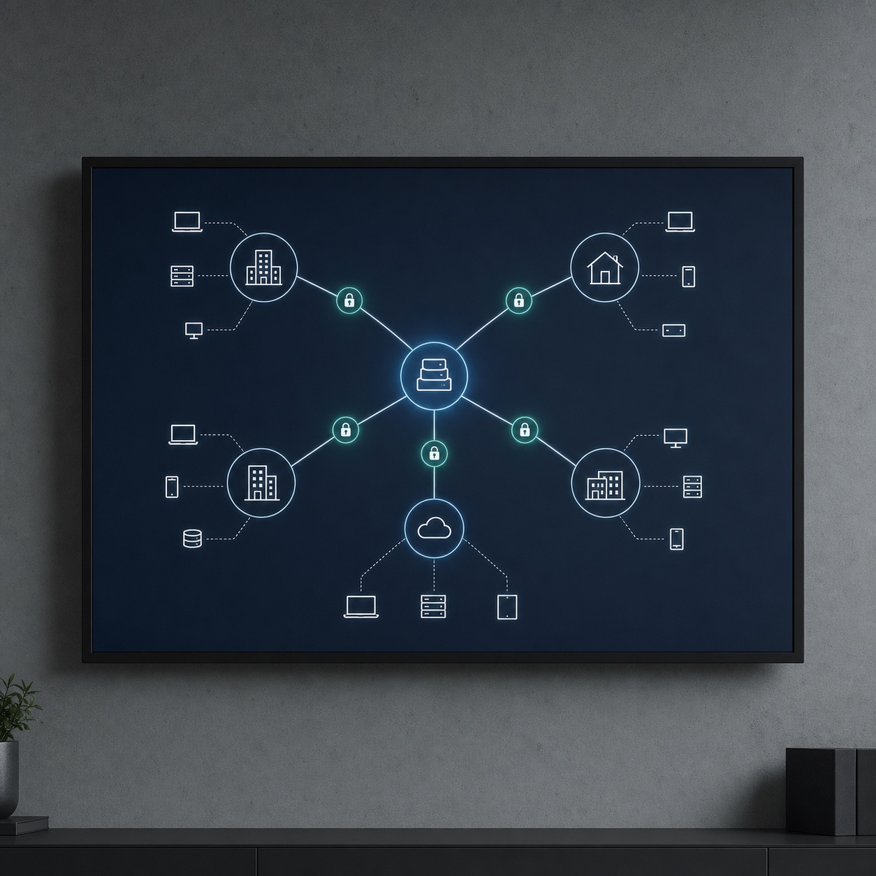 Studio VPN network topology display A wall-mounted studio display showing a clean VPN network topology diagram. | Sky Rye Design A wall-mounted studio display showing a clean VPN network topology diagram.