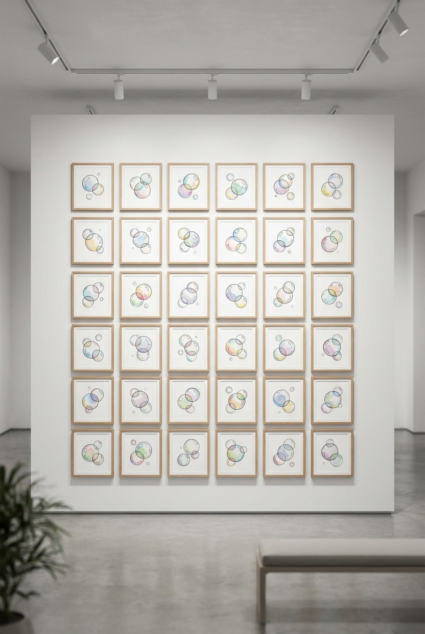 Modern art studio wall with a grid of finished bubble illustrations in a gallery-style presentation.