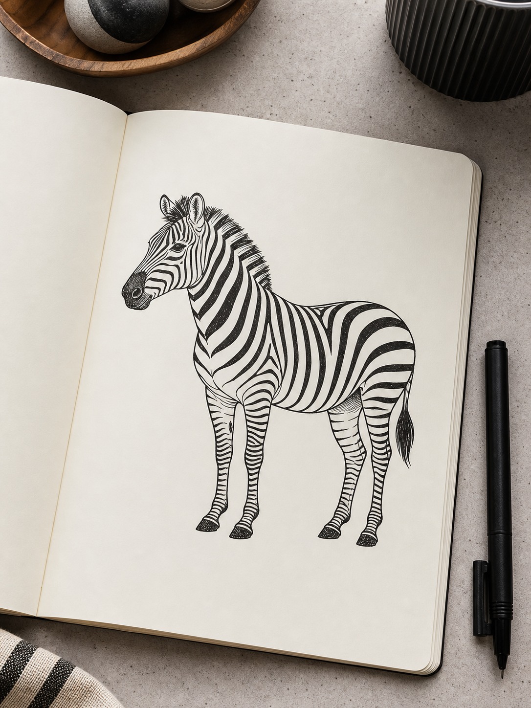 Clean stylized zebra sketch with simplified bold stripes that still wrap around the body form.