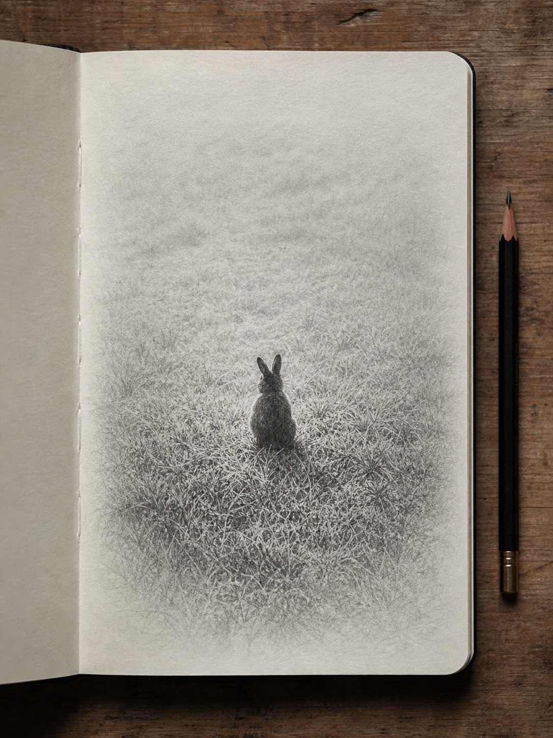 Subject in grass detail drop-off Pencil illustration with detailed grass near a small subject fading into softer background texture. | Sky Rye Design Pencil illustration with detailed grass near a small subject fading into softer background texture.