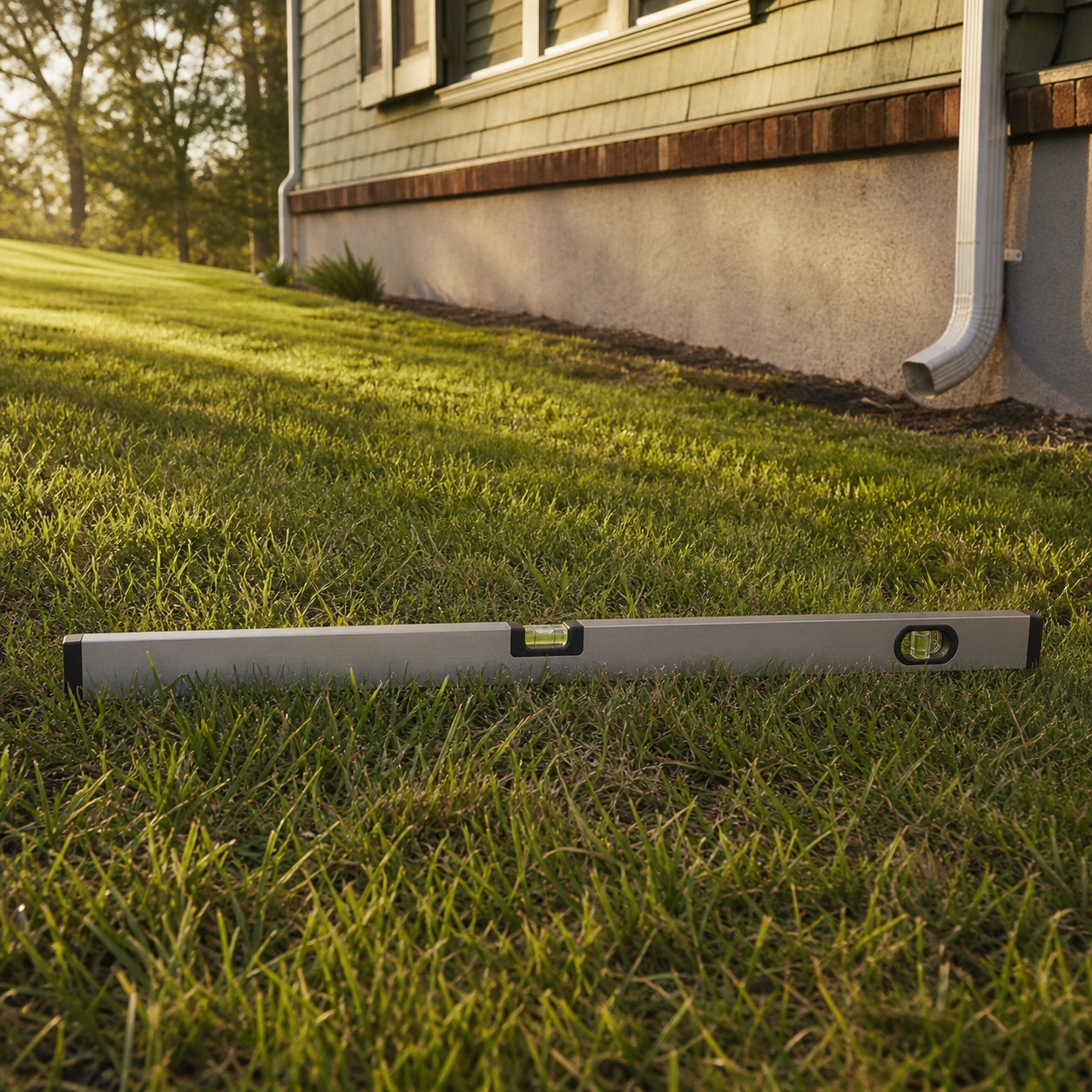 A lawn sloping gently away from a house foundation with a level tool on the grass.