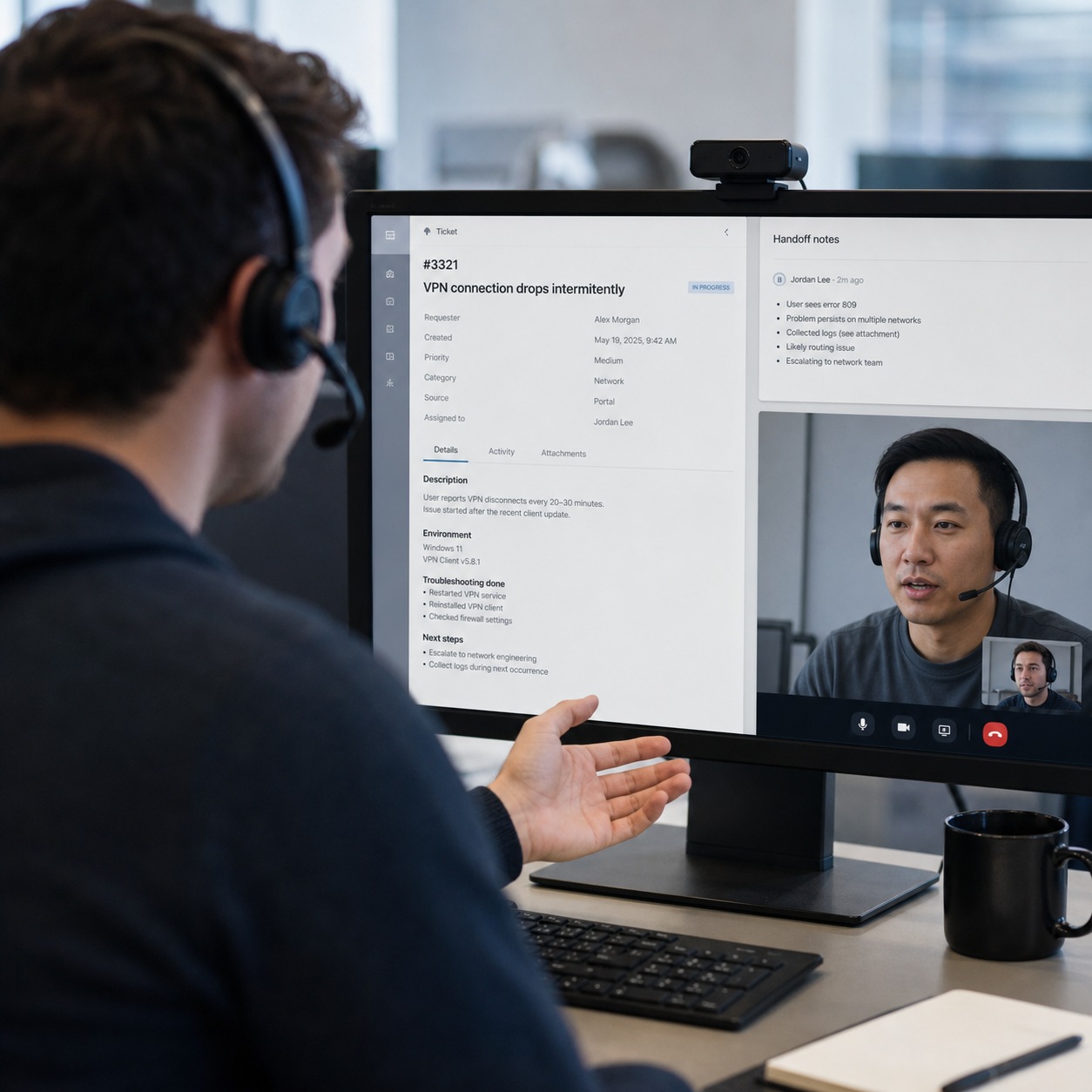 Remote IT support image prompt 9 Dezeen editorial Two support technicians on a video call reviewing an open ticket and handoff notes. | Sky Rye Design Two support technicians on a video call reviewing an open ticket and handoff notes.