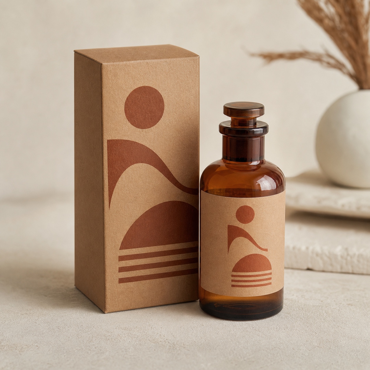 Sustainable beauty and wellness packaging Apothecary-style kraft box and glass bottle set for sustainable beauty packaging. | Sky Rye Design Apothecary-style kraft box and glass bottle set for sustainable beauty packaging.