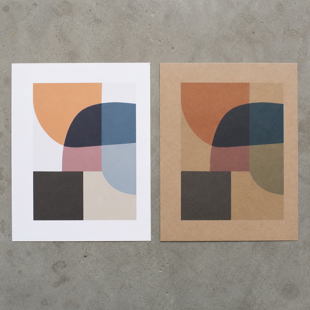 Sustainable packaging color proof comparison Printed color swatches on white coated stock and recycled kraft paper. | Sky Rye Design Printed color swatches on white coated stock and recycled kraft paper.