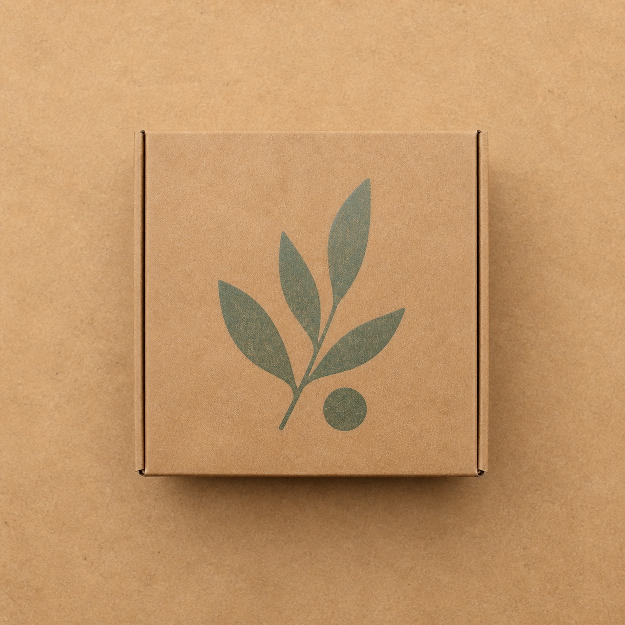 Sustainable packaging design kraft box hero Minimal kraft paper box with single-color printing on a warm neutral surface. | Sky Rye Design Minimal kraft paper box with single-color printing on a warm neutral surface.