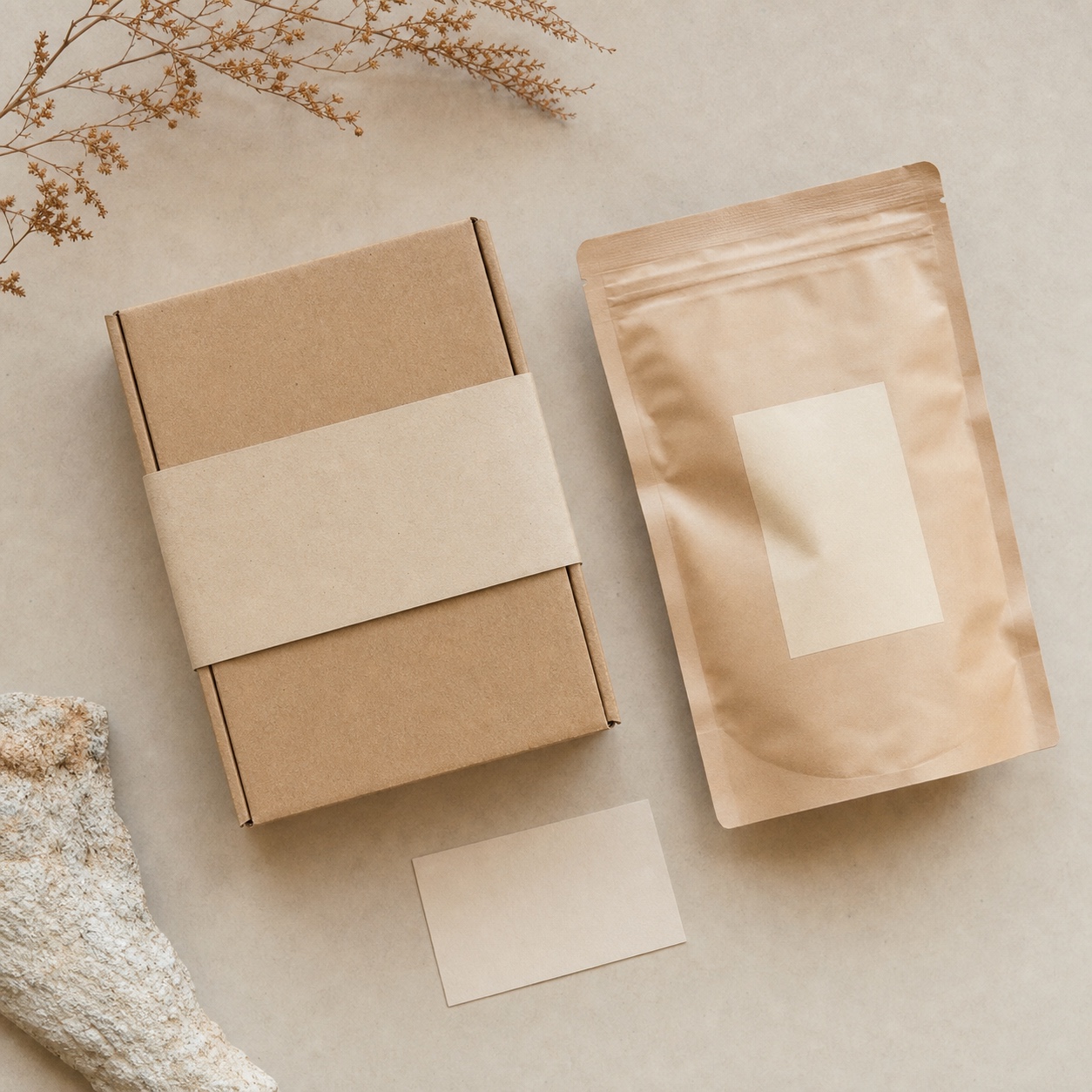 Sustainable packaging system flat lay Complete sustainable packaging system with box, pouch, and label in a cohesive palette. | Sky Rye Design Complete sustainable packaging system with box, pouch, and label in a cohesive palette.