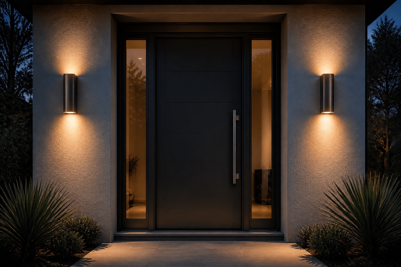 Symmetrical entry sconces flanking a front door Front door flanked by matching warm wall sconces mounted at even height. | Sky Rye Design Front door flanked by matching warm wall sconces mounted at even height.